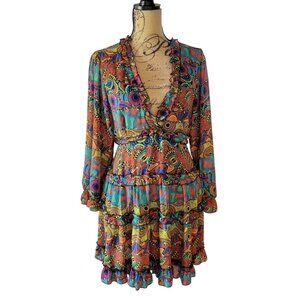 It's Bohemian Multicolor Long-Sleeve Deep V-Neck Ruffle Dress -US L